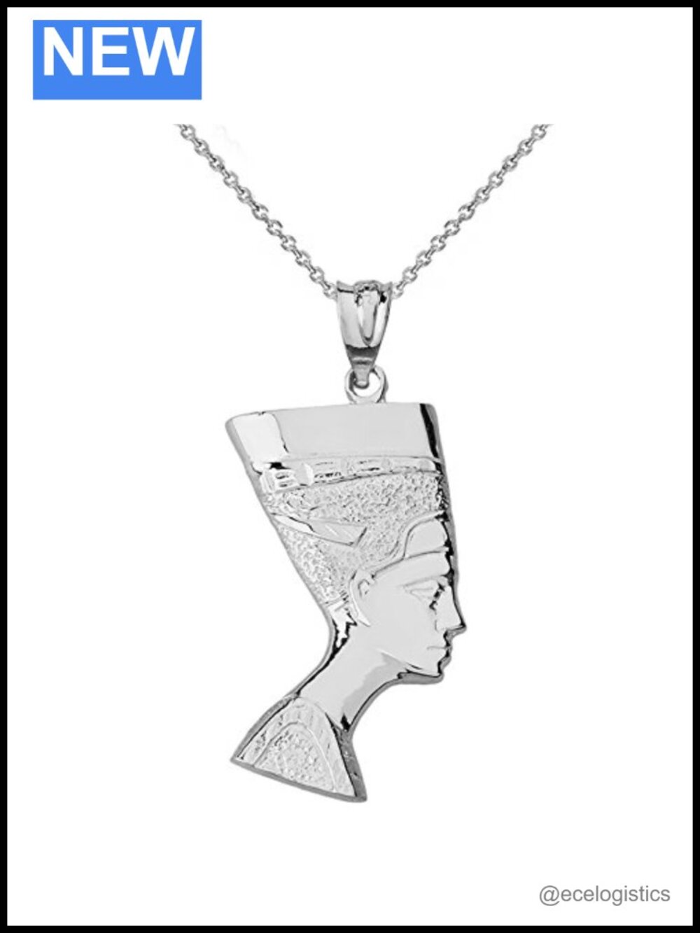 Sterling Silver Nefertiti Pendant Necklace 22 Inch Rolo Chain
